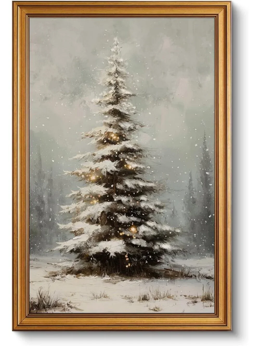 Vintage Christmas Tree Wall Art - Gold Framed Holiday Decor, 16x24 Inch